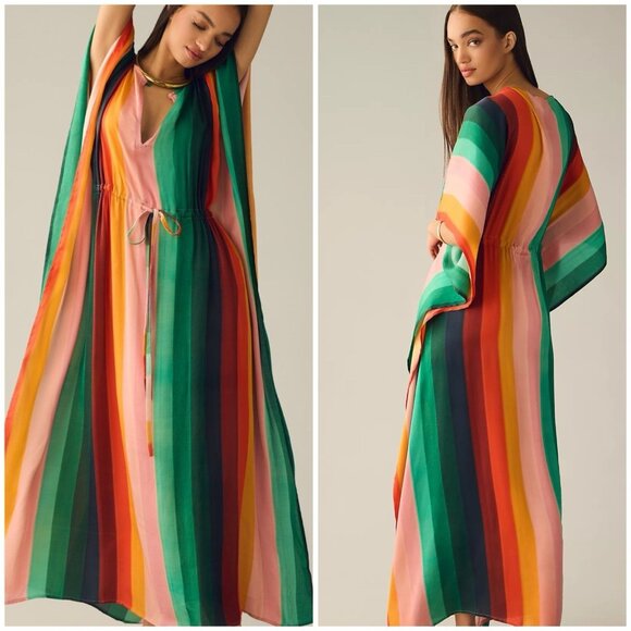 Maeve By Anthropologie Striped Kaftan Multicolor Dress V-neck Maxi One Size NWT - Picture 1 of 9